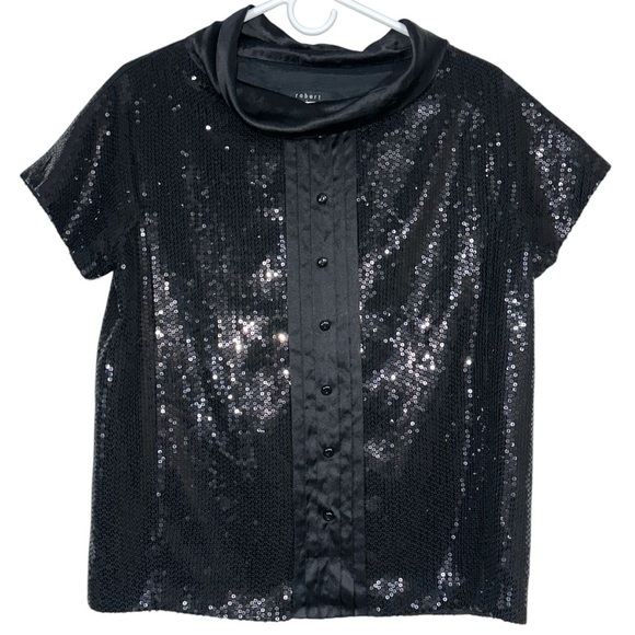 Robert Rodriguez Black Silk Cowl Neck Sequin Top - Picture 1 of 4